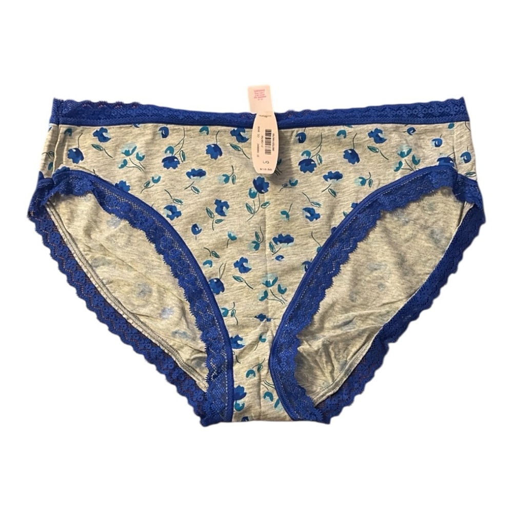 Victorias Secret High-Leg Brief - Grey with Blue Floral Lace Trim Panties Size L